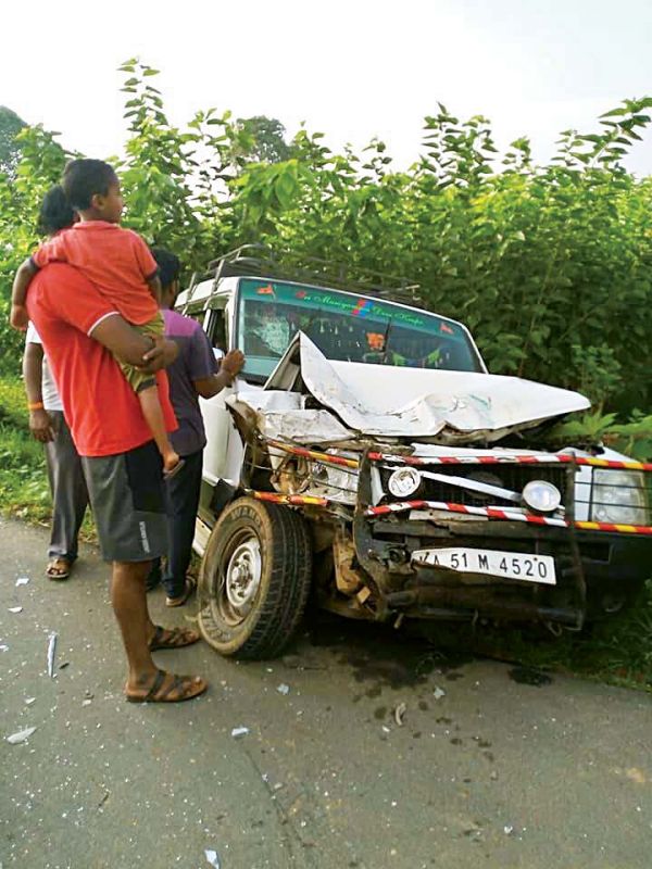 An SUV after a head-on collission in Kallahalli village near Anekal on Monday morning.