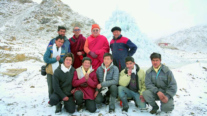 All together: Sonam Wangchuk, standing fifth from the left, with one of the teams that worked on the first ice stupas in Ladakh