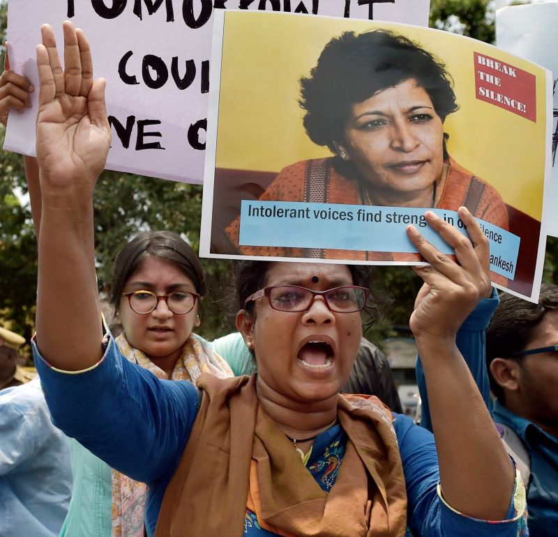 Journalists carry out a protest march against the killing of Gauri Lankesh, near Chennai Press Club on Wednesday. (Photo: PTI)