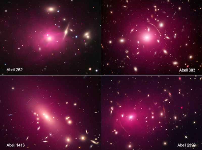 Four of the 13 galaxies clusters used in the study. The clusters are, starting at the top left  and going clockwise, Abell 262, Abell 383, Abell 1413, and Abell 2390.