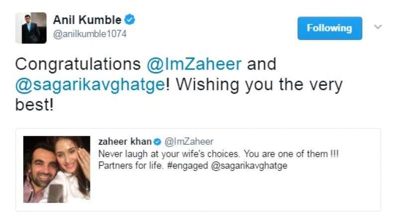 Zaheer Khan, Sagarika Ghatge, Twitter, Zaheer Khan Sagarika Ghatge engagement, Anil Kumble