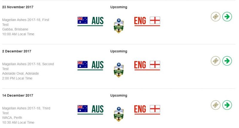 Schedule of the first three Ashes Test matches. (Photo: Screengrab / cricket.com.au)