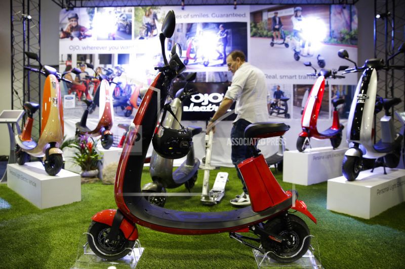 OjO electric smart scooters are on display at CES International in Las Vegas.