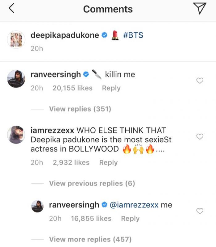 Ranveer Singh's comment over Deepika Padukone's post.