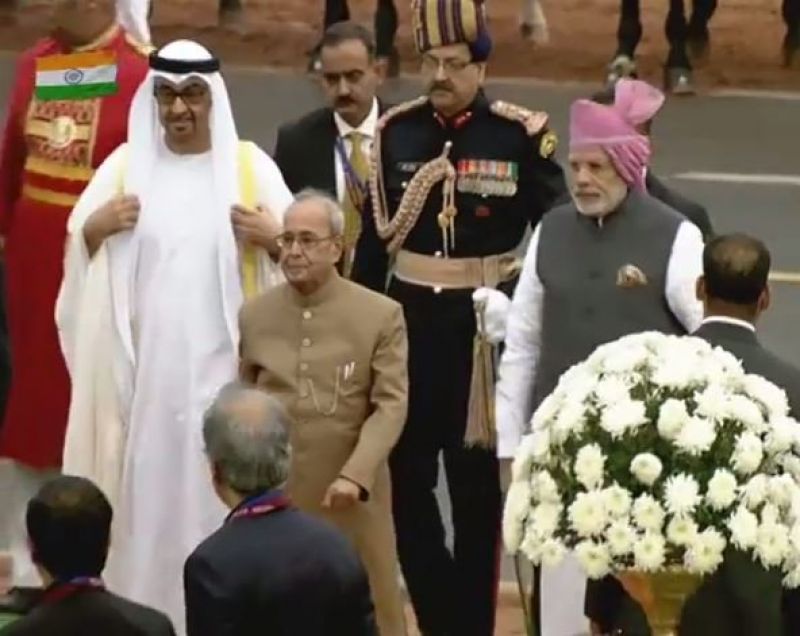 President Pranab Mukherjee arrives at Rajpath with chief guest Abu Dhabi Crown Prince Mohammed bin Zayed Al Nahyan.