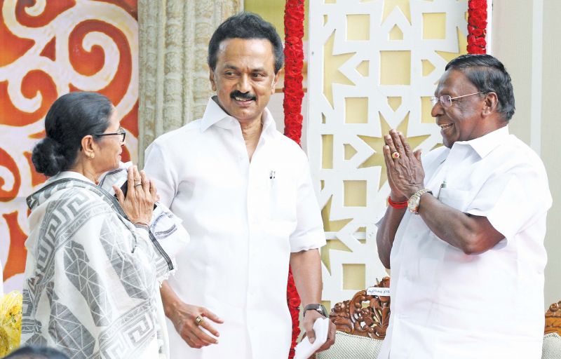 West Bengal Chief Minister  Mamta Banerjee is being received by DMK chief  M. K. Stalin and Puducherry Chief Minister  V. Narayanasamy at a memorial meeting to mark the first death anniversary of Karunanidhi in the city on Wednesday. (Photo: DC)