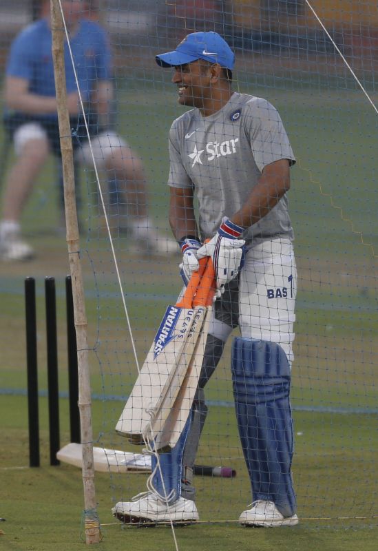 Mahendra Singh Dhoni during practice session at the Brabourne Stadium in Mumbai, on Monday. (Photo: AP)