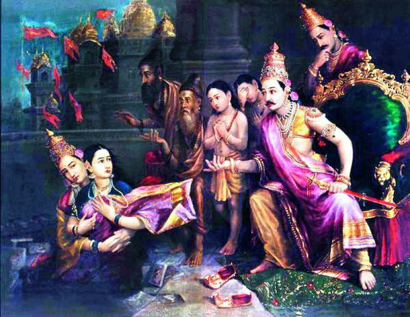 Sita returns to her mother, the Earth, as Lord Ram and her sons watch; painting by Raja Ravi Varma