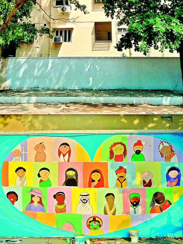 The walls of the Sanghi Vidya Niketan School in Hyderabad after the artistic transformation done by Akanksha and Surbhi Agarwal