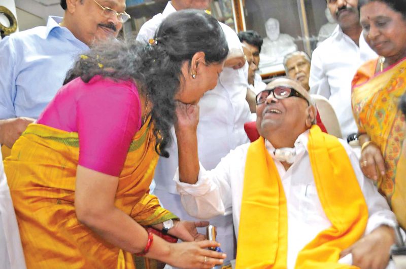 DMK patriarch M. Karunanidhi turns emotional when his MP daughter Kanimozhi came home freed from 2G cases. (Photo: DC)