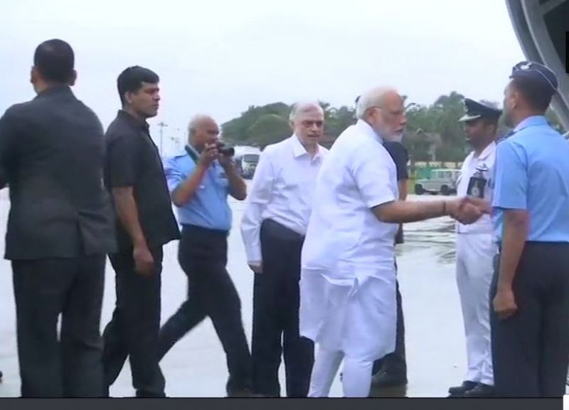 Prime Minister Narendra Modi leaves from Thiruvananthapuram for an aerial survey of flood-affected areas of Kochi. (Photo: ANI | Twitter)