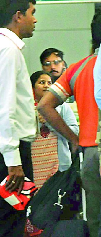 Sunayana Dumala, wife of slain techie Srinivas Kuchibhotla, arrives with his mortal remains at Shamshabad airport on Monday night. (Photo: P. Surendra)