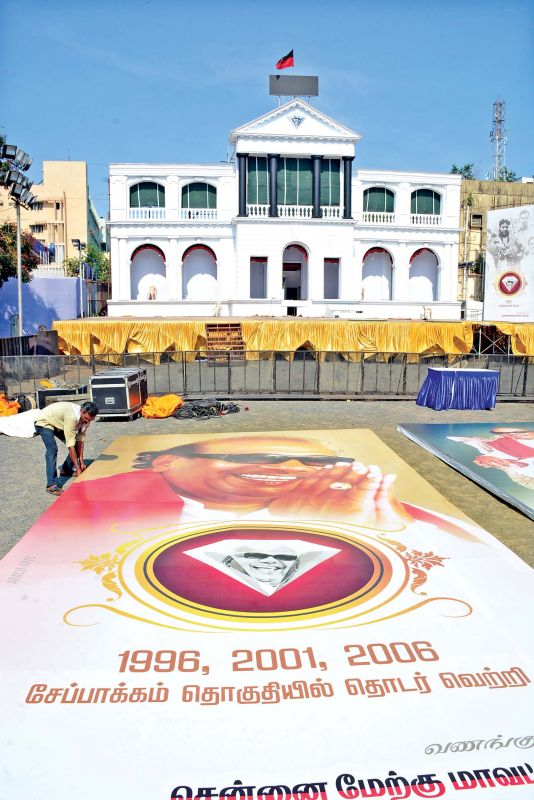 Ahead of DMK party chief  Karunanidhi's 94th birthday,  preparations are underway at a public meeting venue at Royapettah. (Photo: DC)