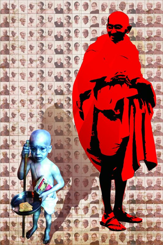 Venu Kotla's art work shows Mahatma Gandhi in three forms, symbolising the lack of social work done to help children.
