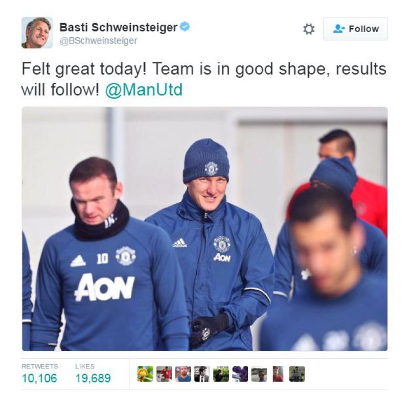 Schweinsteiger tweeted a picture of himself in Manchester United's training ground.