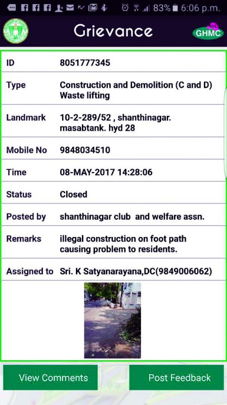 A picture grab of a complaint filed by the president of the Shanthinagar Welfare Association. Despite the complaint not being attended too, the status shows closed. (Photo: DC)