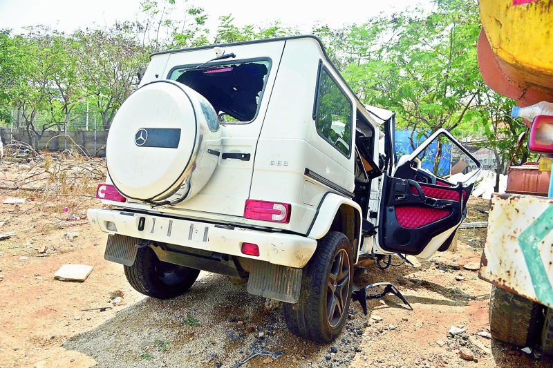 The vehicle in which the son of AP health minister Narayana and his friend lost their lives on Jubilee Hills. 