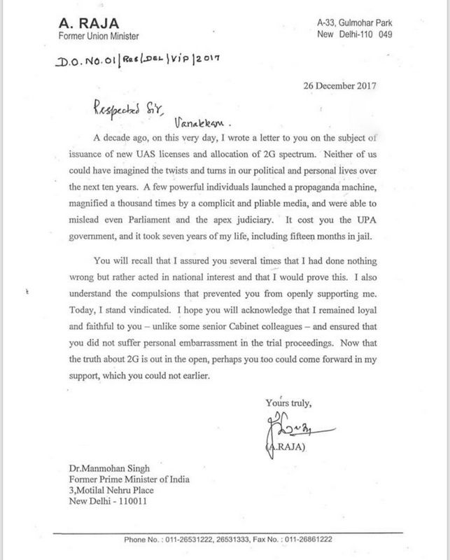 Former telecom minister A Raja's letter to Manmohan Singh. (Photo: Twitter | ANI)