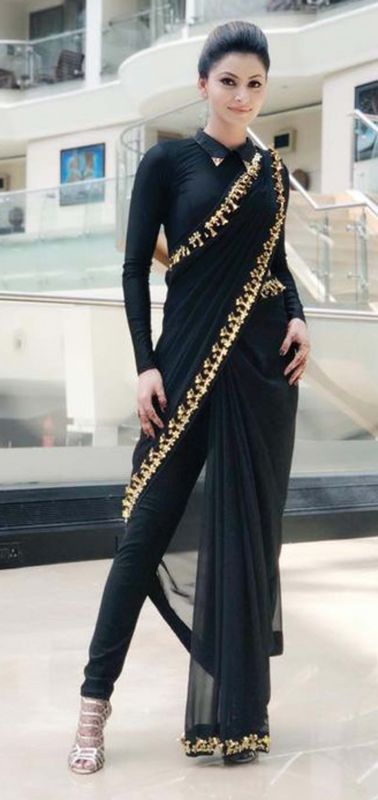 Actress Urvashi Rautela slays in black  pant-saree.