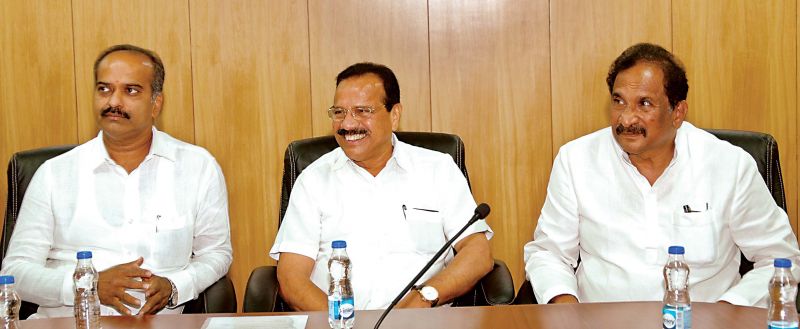From left, Lok Sabha MP PC Mohan, Union Minister for Statistics D.V. Sadananda Gowda and Bengaluru Develpment Minister K.J. George at a meeting to discuss suburban rail project in Bengaluru on Thursday (Photo:DC)