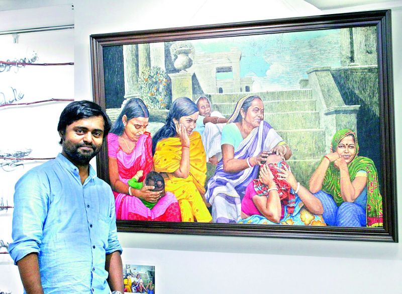 Biswajit Roy and his photo realistic painting titled, Holy Family on Steps'.