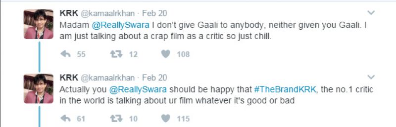 Kamaal Rashid Khan calls Swara Bhaskar's film a 'disaster', her reply is epic