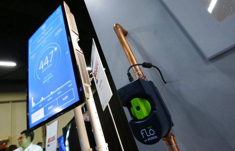 Flo, designed by Moen to detect water leaks and water usage on for an entire home and show all the information on an app, is displayed at the CES Unveiled at CES International Sunday, Jan. 6, 2019, in Las Vegas. (AP Photo/Ross D. Franklin)