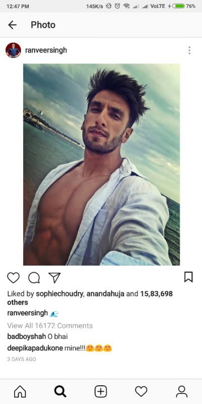 Ranveer Singh's Instagram post where Deepika Padukone left the cute comment. 
