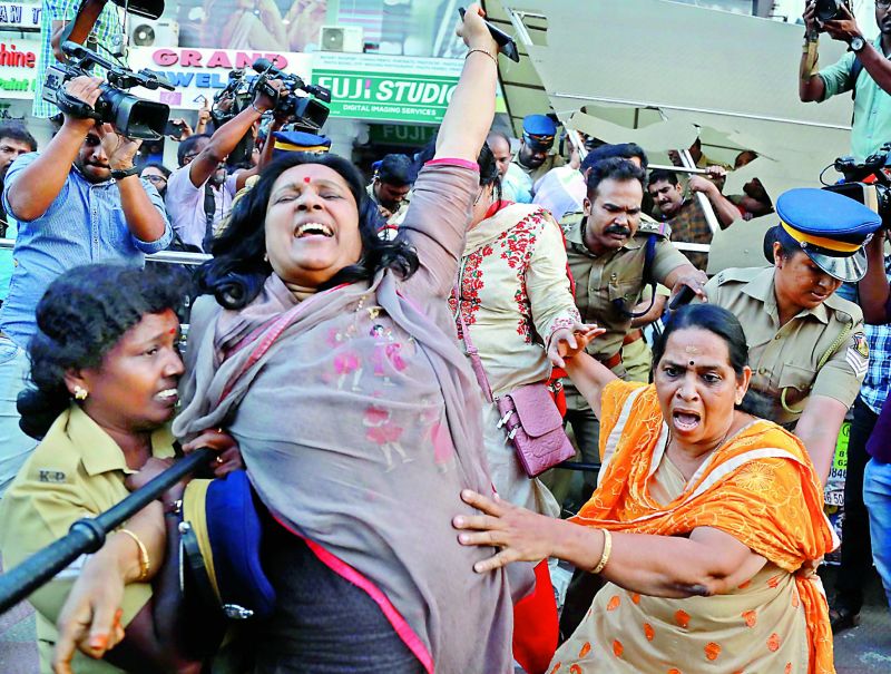 Members of Sabarimala Karma Samiti protesting against the entry of women into the temple, in Kochi on Wednesday. 