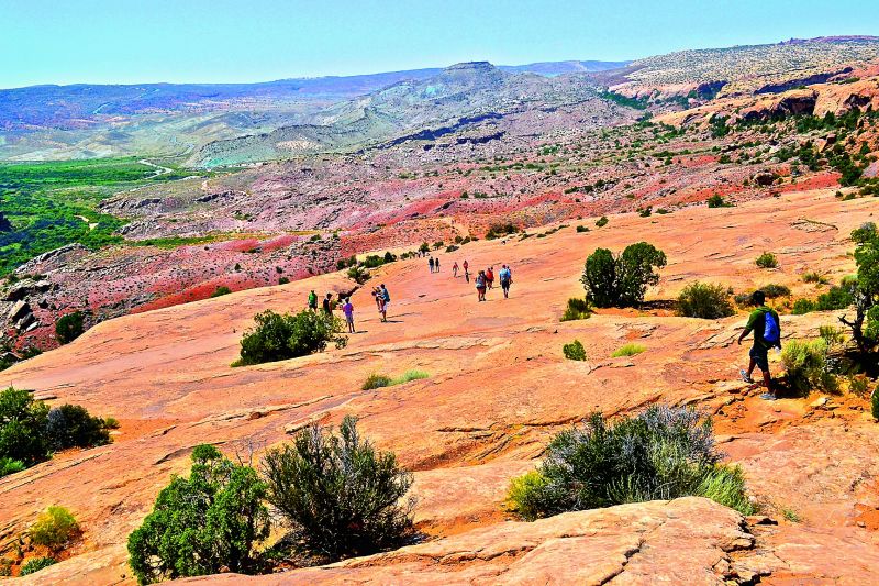 Under the scorching sun, walk to Delicate Arch.