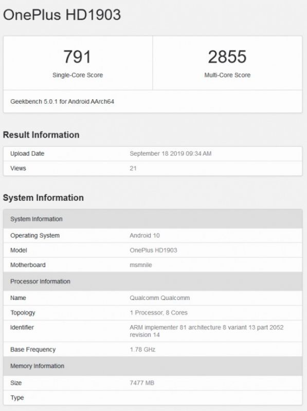 OnePlus 7T benchmark leak