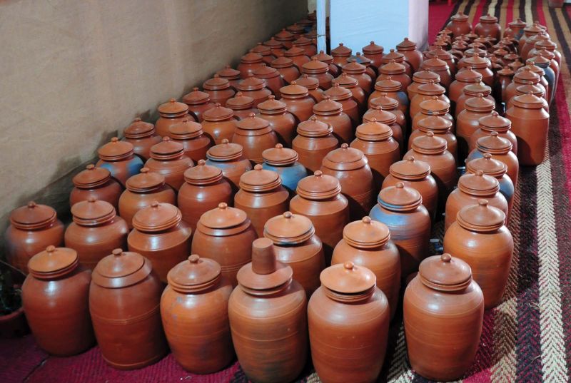 Earthern pots collected for serving drinking water