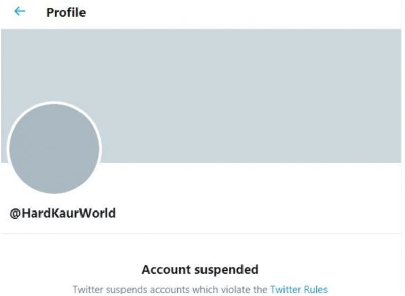 Screengrab of Hard Kaur's suspended Twitter account.