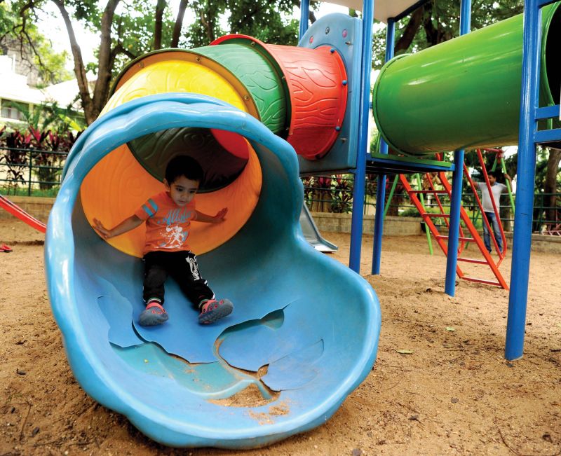 A damaged slide at a BBMP park on 18th Main Road in Koramangala on Monday. (Photo: DC) 