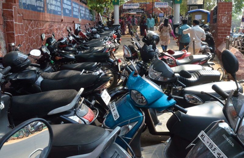 Plenty of bikes that brought PSC candidates for the Hindi teacher examination parked in front of Cotton Hill GHSS in Vazhuthakkad on strike day on Monday. 