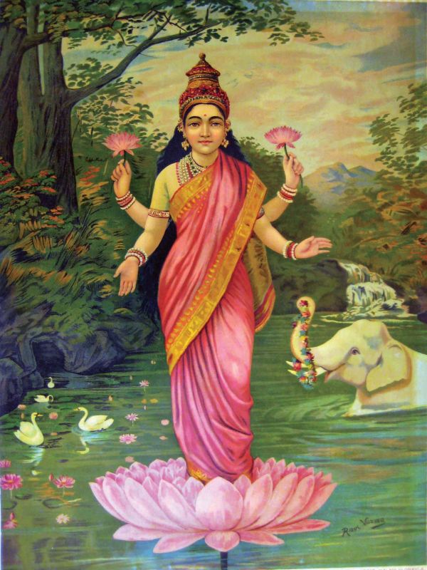 A Raja Ravi Varma lithograph. The Goddess Saraswati's saree is draped in the style in which it is worn today