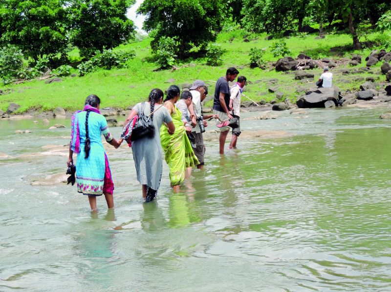 visitors cross a rivulet risking their lives as it is slippery and there is no rope or any signboard to let people know the  location  of the waterfall