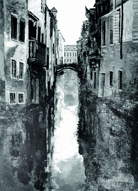 His series of paintings from Venice included one of the very few black-and-white paintings. The  reflection of light on the city's waterways and  canals inspired the entire series.