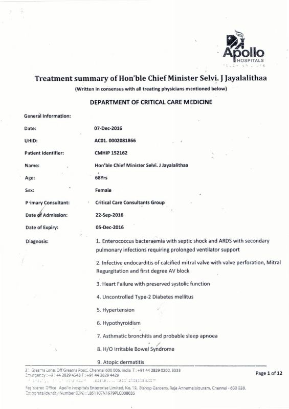 Jayalalithaa's medical report, (As tweeted by The Newsminute)