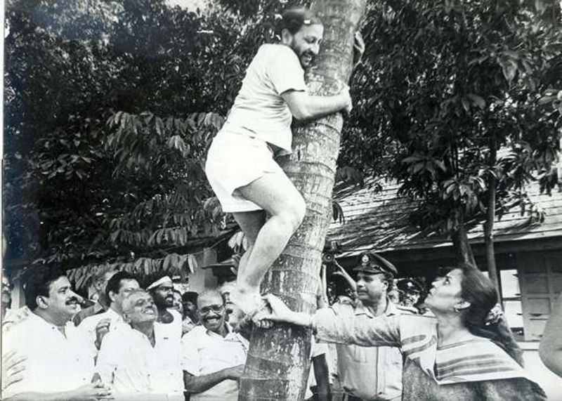 Former district collector U.K.S. Chouhan climbs a coconut tree.