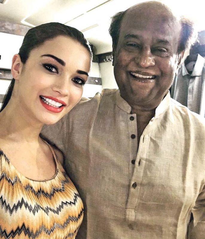 Amy with Rajinikanth on the sets of 2.0.