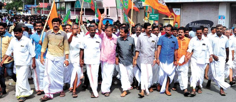 A protest march organised by BJP workers in Palakkad town on Thursday. (Photo: DC)