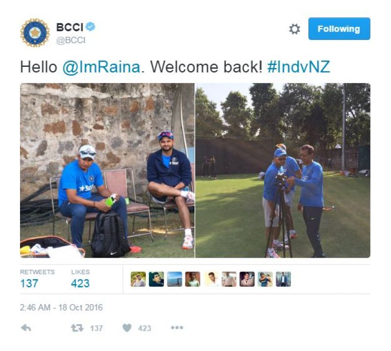 Suresh Raina welcomed back by Team India.