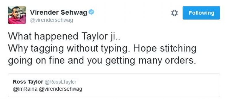 Sehwag replying to Ross Taylor's blank tweet