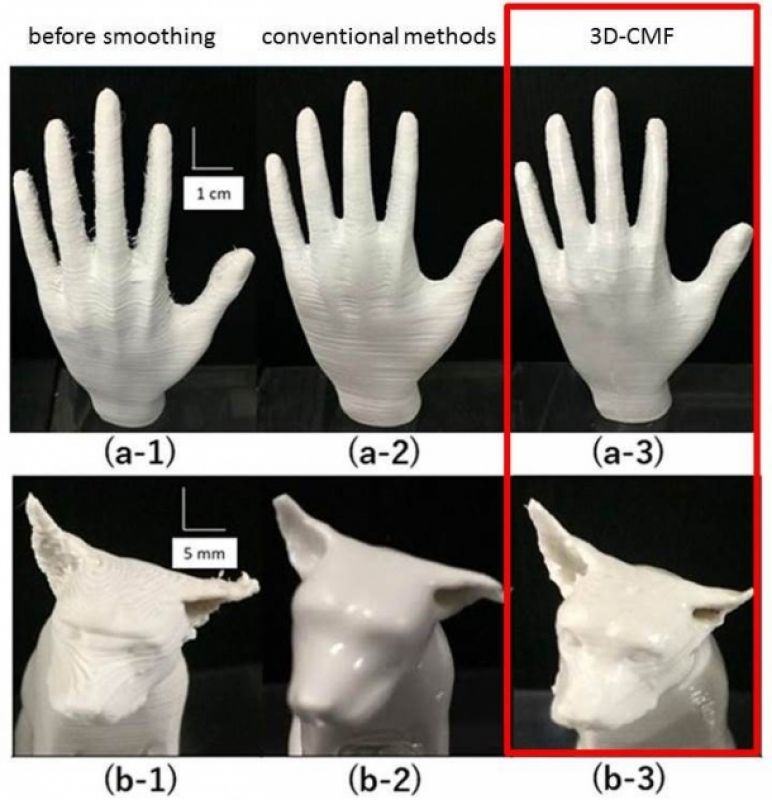 Comparison of printed surface before smoothing (1), with smoothing by conventional methods (2) and by 3D-CMF (3). CMF result (a-3) is more uniform than polishing (a-2), and b-3 shows CMF better preserved surface detail than b-2 (solvent vapor).
