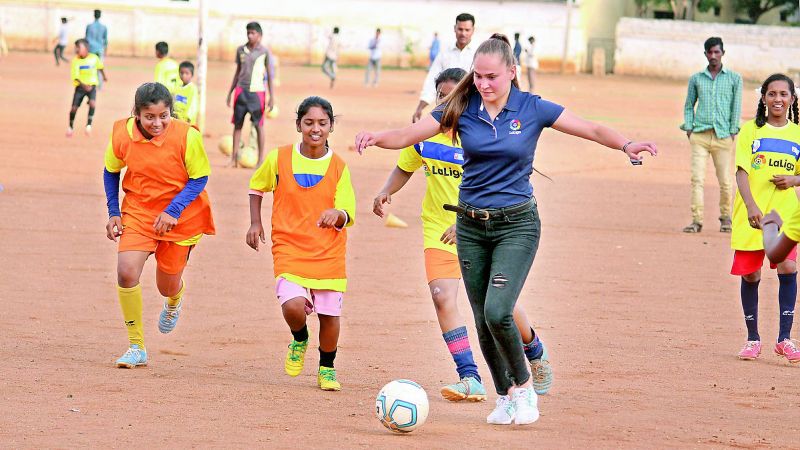 Real Betis women team captain Irene Guerrero teaching the young players in Ananthapur