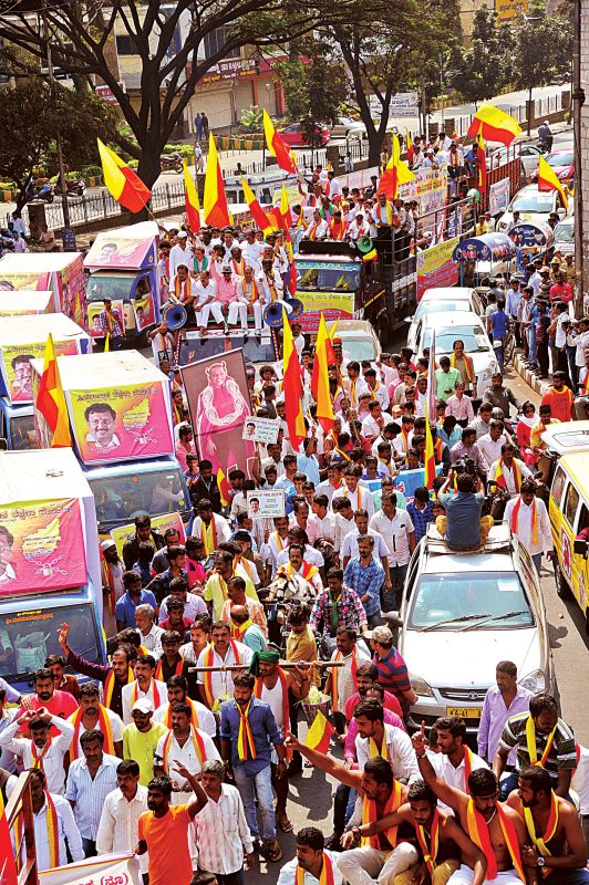 Karnataka Film Chamber of Commerce President Sa Ra Govindu along with other pro- Kannada organisations took a out a rally from Town Hall to Freedom Park demanding the central government intervention to resolve Mahadayi river water dispute.