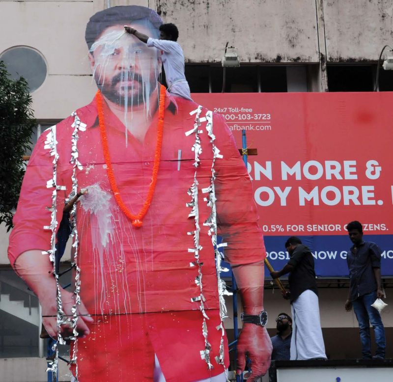 Fans and supporters for actor Dileep celebrated the release of Ramaleela in Kochi on Thursday. (Photo: ARUN CHANDRABOSE)