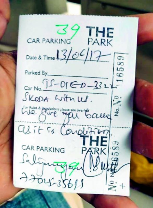 Receipt given by the hotel assuring the car owner to trust the loyalty of the hotel. 