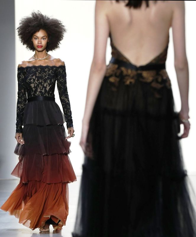 gorgeous statement Black and orange ombre of shoulder dress.  (Photo: AP)